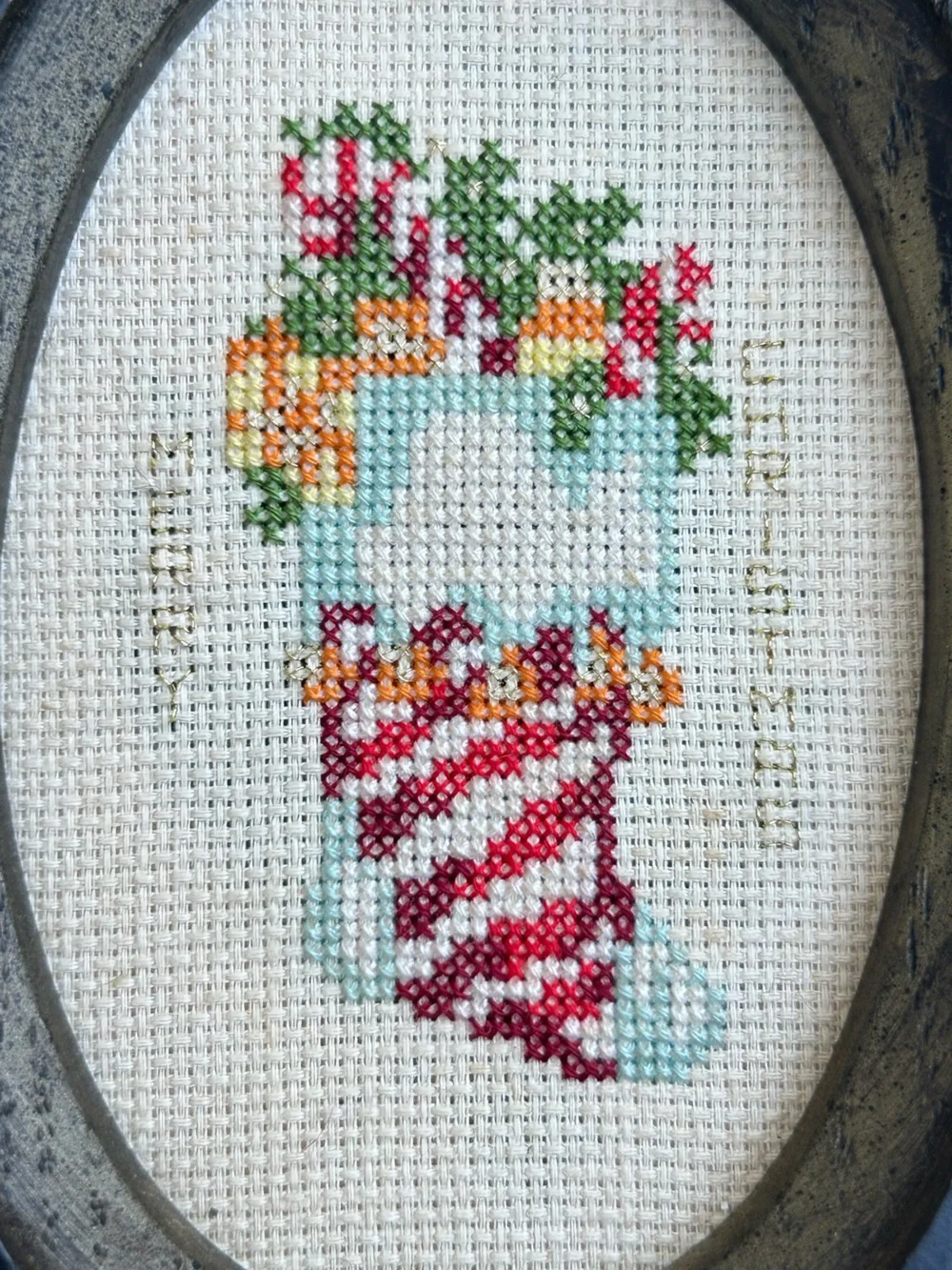 Vintage Cross Stitch Handmade Holiday Stocking Wall Hanging Merry Christmas 5x9